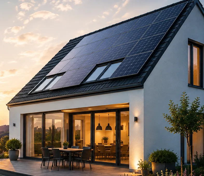 Einfamilienhaus mit Photovoltaikanlage auf dem Dach, Dachfenster und Terrasse im Abendlicht